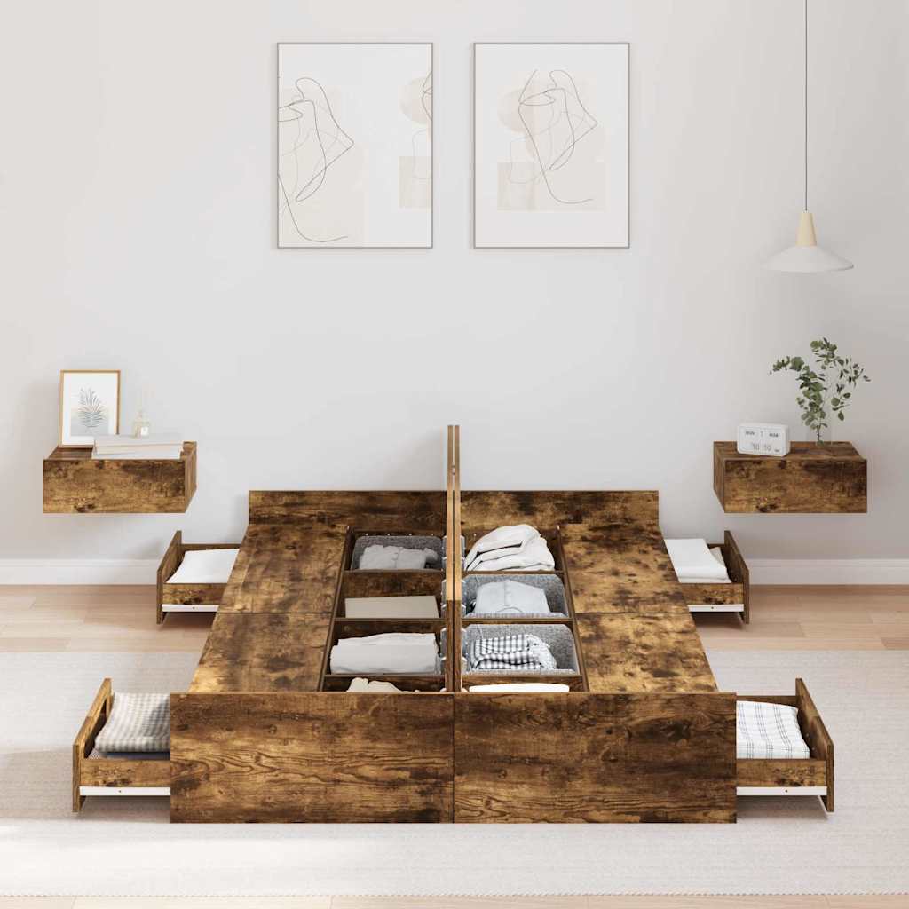 Opbergbedframe met lade Gerookt eiken 120 x 200 cm Bewerkt hout is nu te koop bij PeponiXL, paradijselijk wonen!