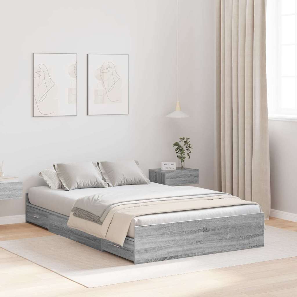 Opbergbedframe met lade Grijs Sonoma 120 x 200 cm Bewerkt hout is nu te koop bij PeponiXL, paradijselijk wonen!