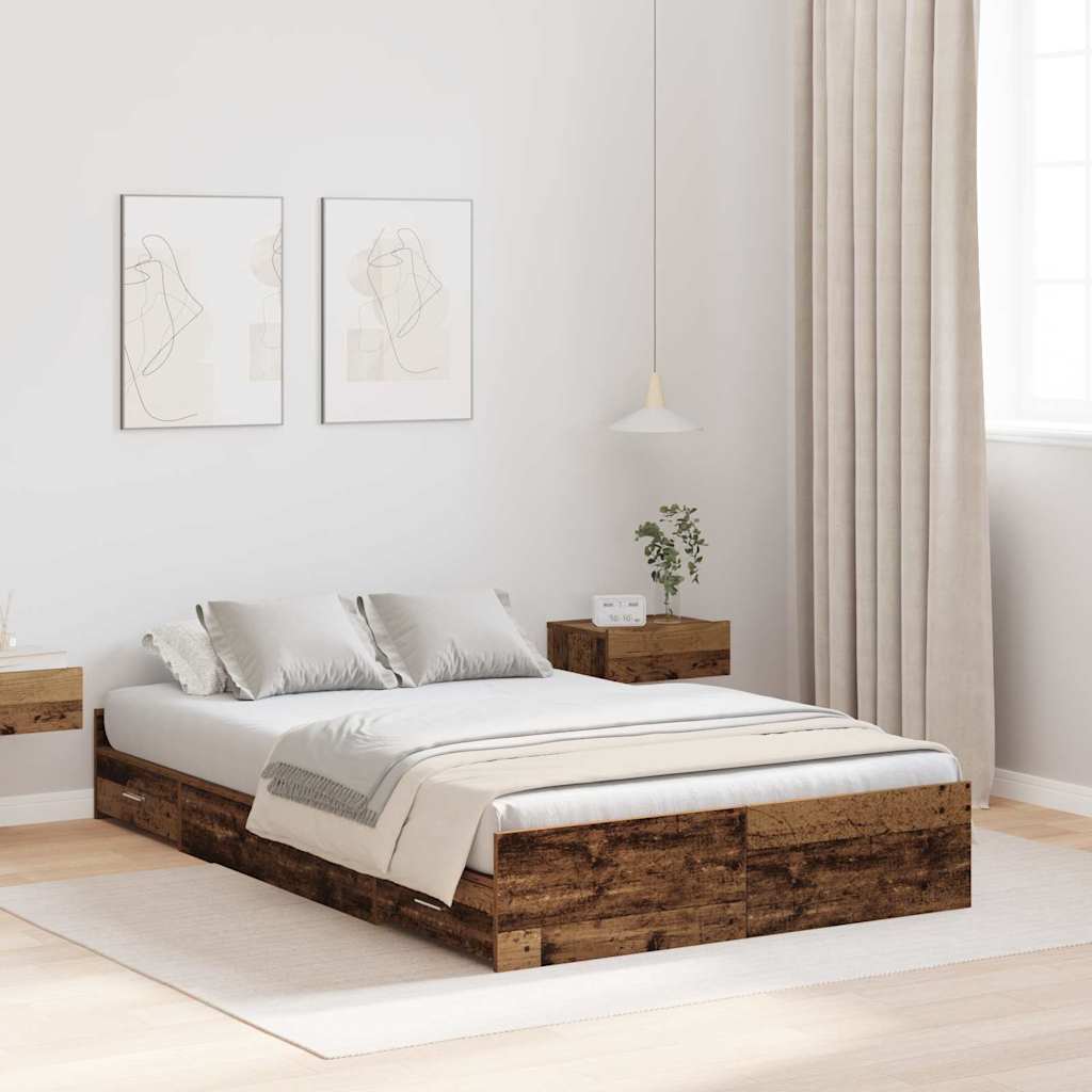 Opbergbedframe met lade Oud Hout 120 x 200 cm Bewerkt hout is nu te koop bij PeponiXL, paradijselijk wonen!