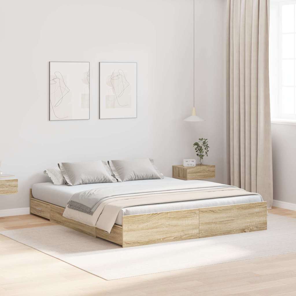 Opbergbedframe met lade Sonoma Eiken 135 x 190 cm Bewerkt hout is nu te koop bij PeponiXL, paradijselijk wonen!