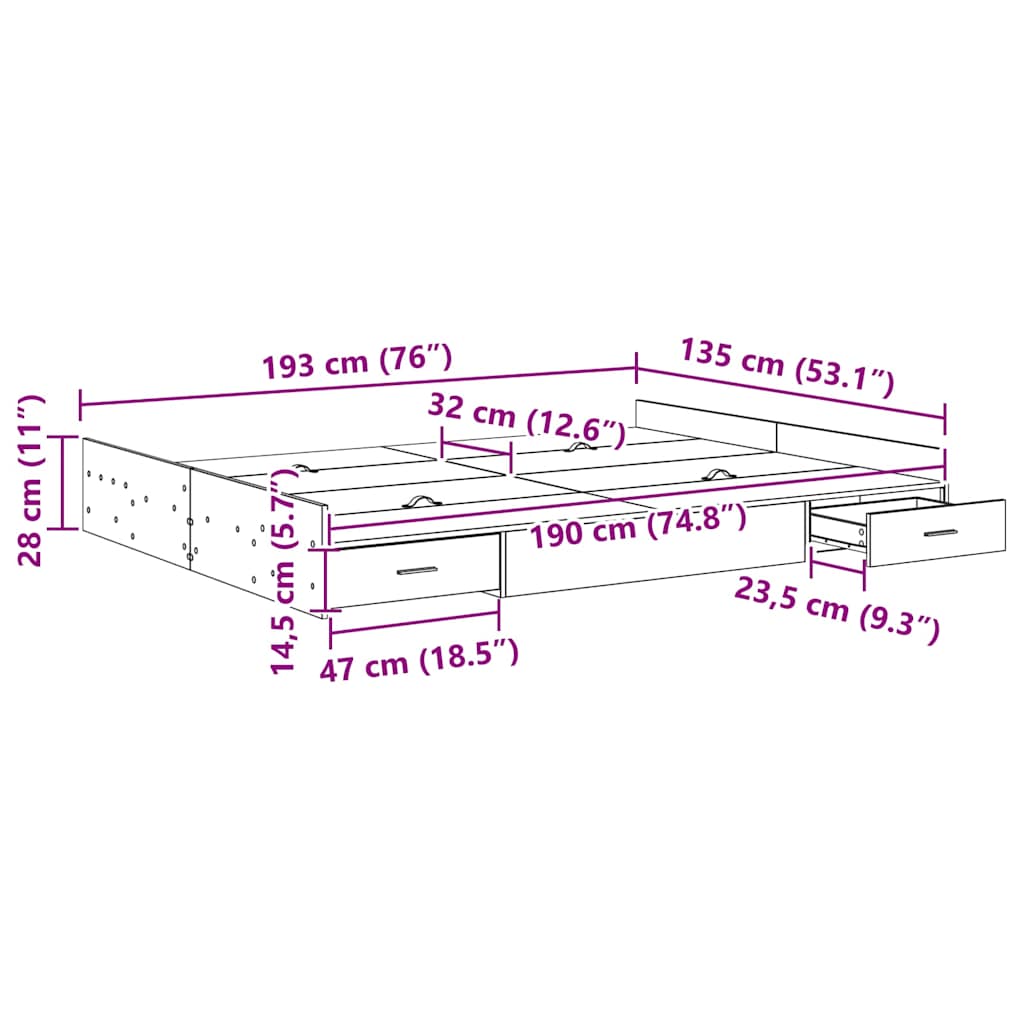 Opbergbedframe met lade Sonoma Eiken 135 x 190 cm Bewerkt hout is nu te koop bij PeponiXL, paradijselijk wonen!
