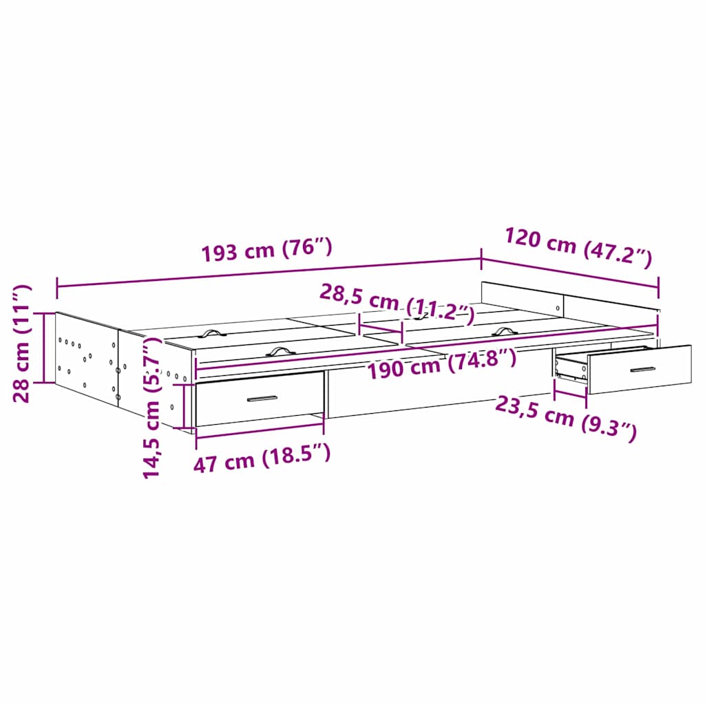 Opbergbedframe met lade Sonoma Eiken 120 x 190 cm Bewerkt hout is nu te koop bij PeponiXL, paradijselijk wonen!