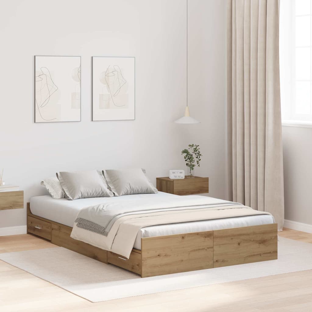 Opbergbedframe met lade Artisan Eiken 120 x 190 cm Bewerkt hout is nu te koop bij PeponiXL, paradijselijk wonen!