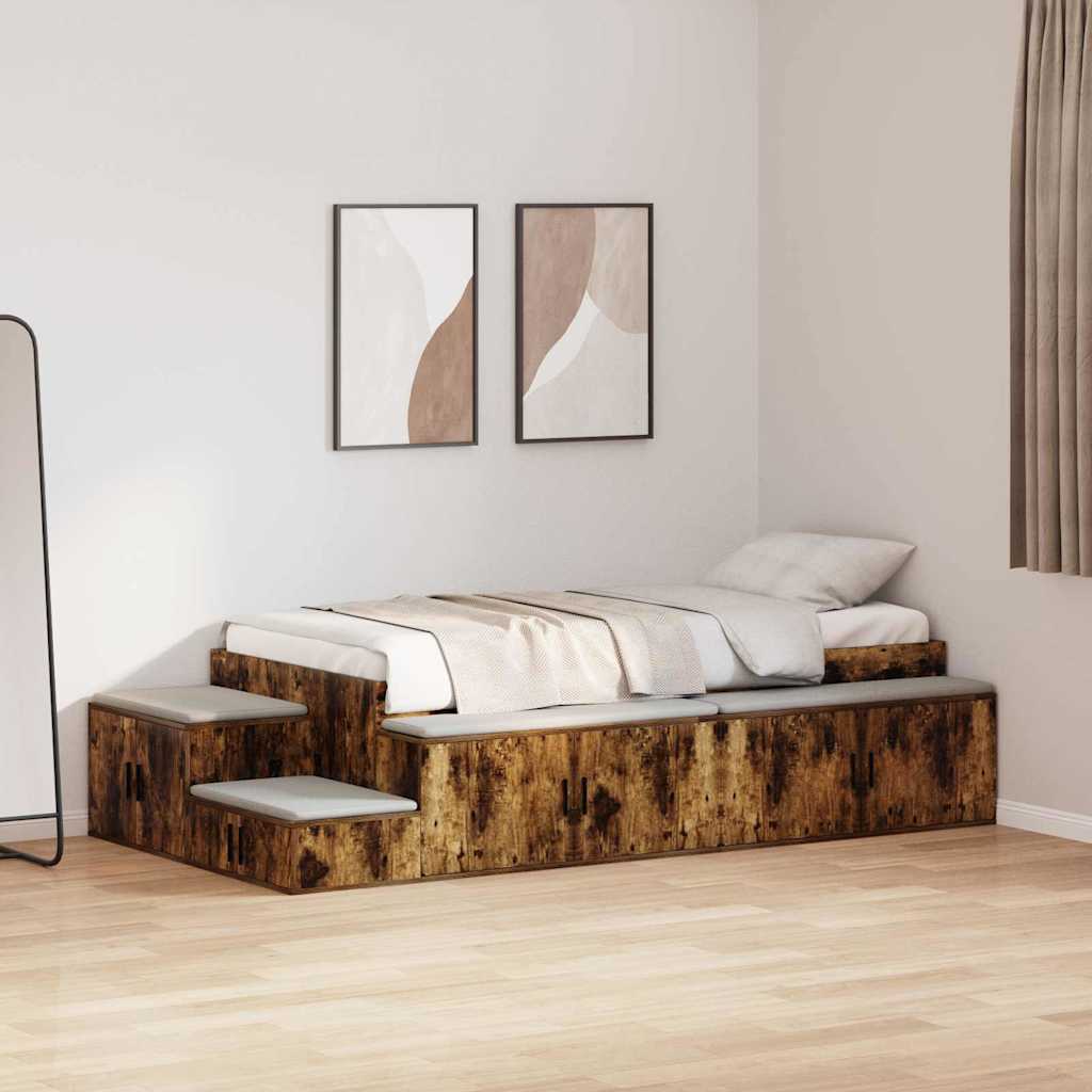 Opbergbedframe met opslag Gerookt eiken 90 cm Bewerkt hout is nu te koop bij PeponiXL, paradijselijk wonen!