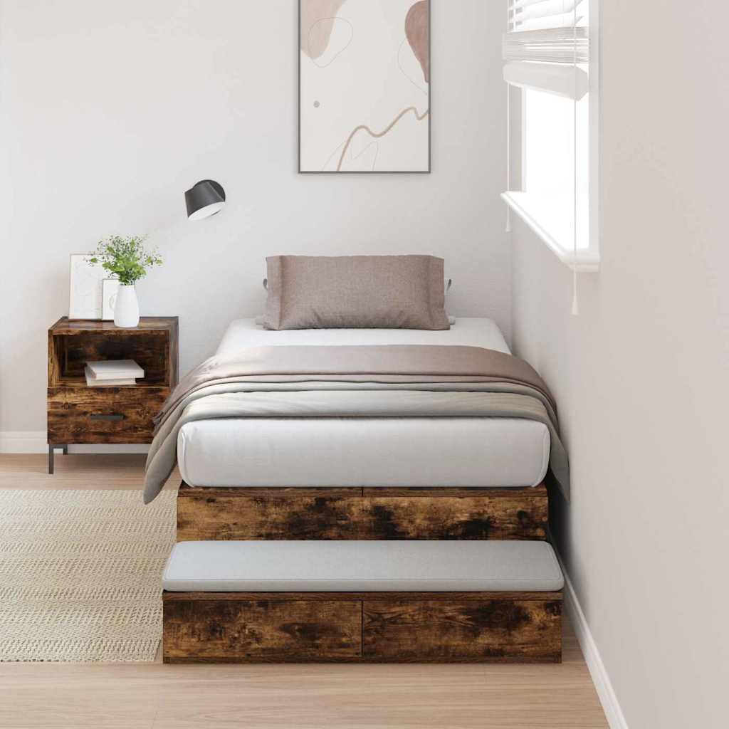 Opbergbedframe met lade Gerookt eiken 90 cm Bewerkt hout