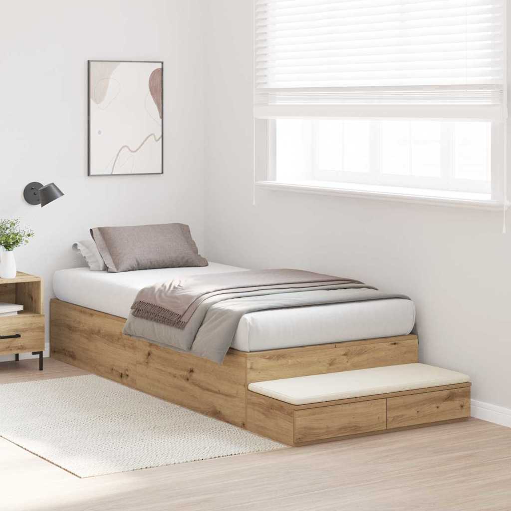 Opbergbedframe met lade Artisan Eiken 90 cm Bewerkt hout