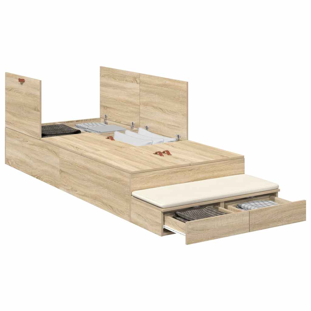 Opbergbedframe met lade Sonoma Eiken 100 cm Bewerkt hout is nu te koop bij PeponiXL, paradijselijk wonen!