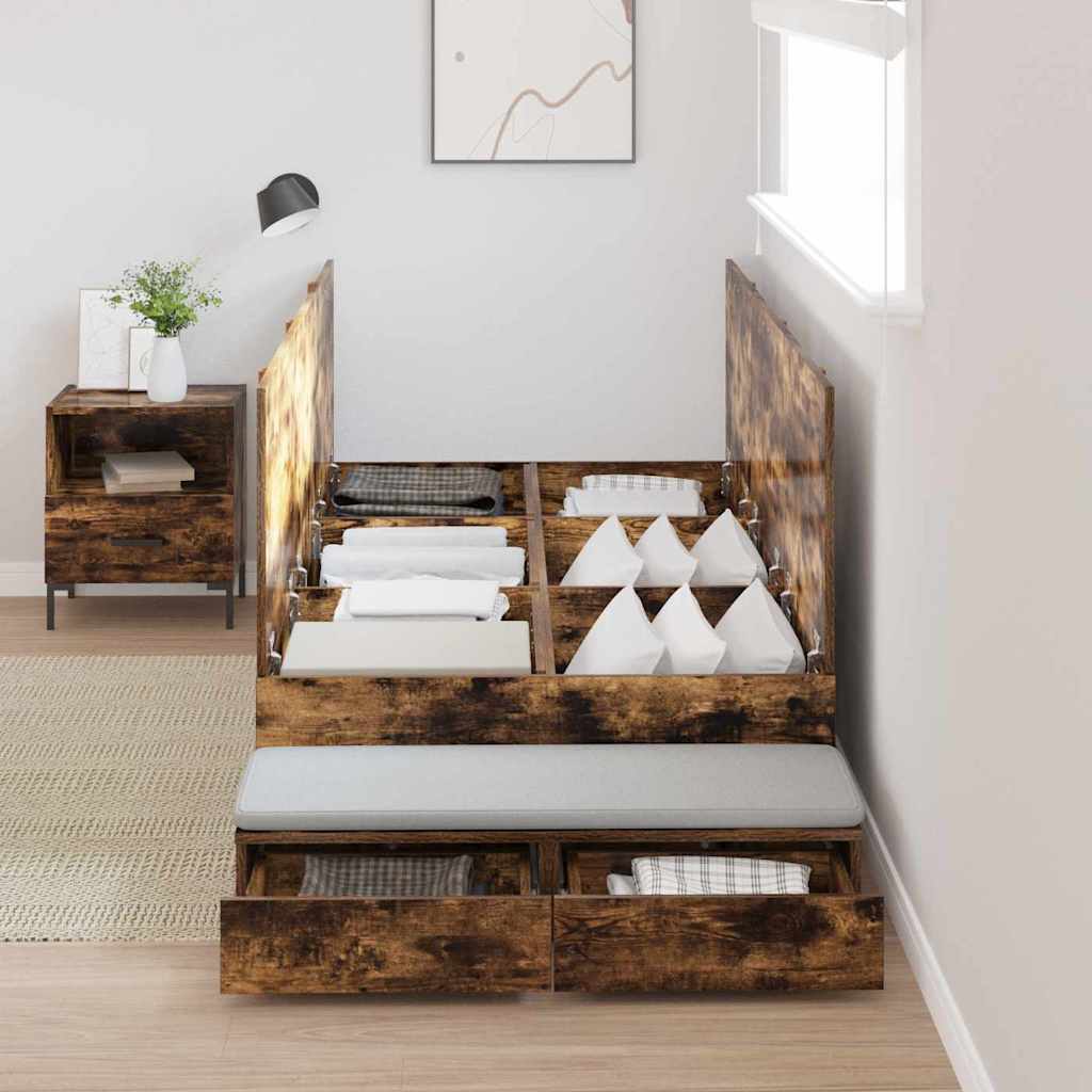 Opbergbedframe met lade Gerookt eiken 100 cm Bewerkt hout is nu te koop bij PeponiXL, paradijselijk wonen!