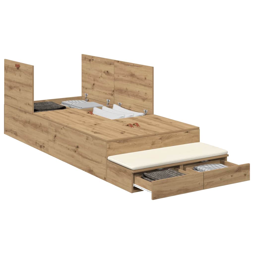 Opbergbedframe met lade Artisan Eiken 100 cm Bewerkt hout