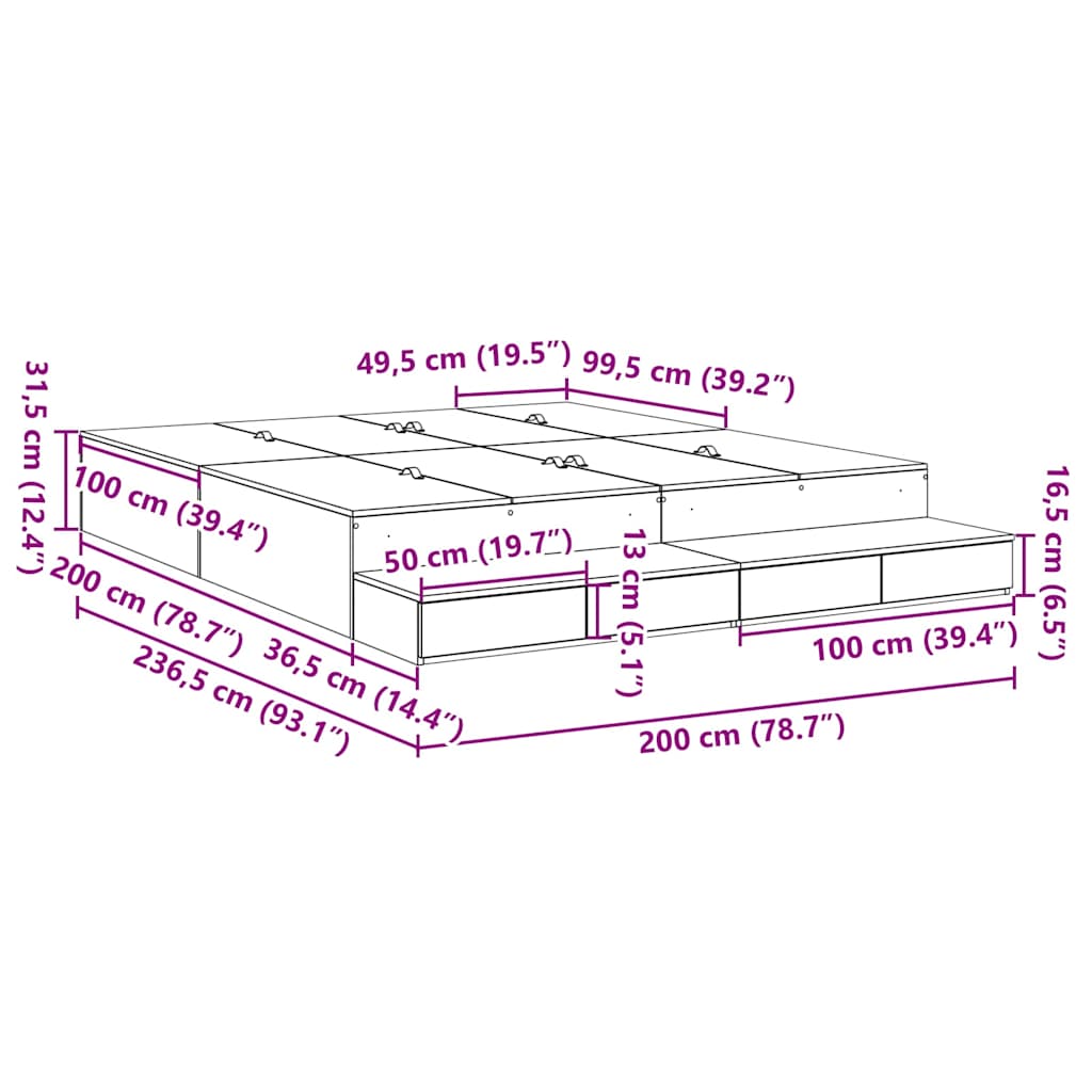 Opbergbedframe met lade Zwart Eiken 200 cm Bewerkt hout is nu te koop bij PeponiXL, paradijselijk wonen!
