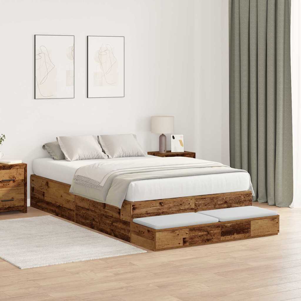 Opbergbedframe met lade met opslag Oud Hout 120 cm Bewerkt hout is nu te koop bij PeponiXL, paradijselijk wonen!