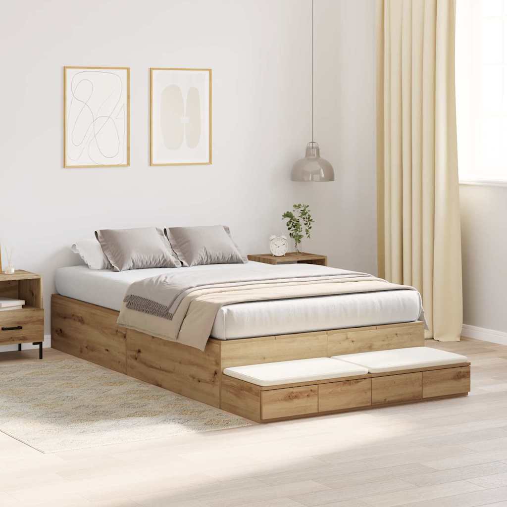 Opbergbedframe met lade Artisan Eiken 120 cm Bewerkt hout