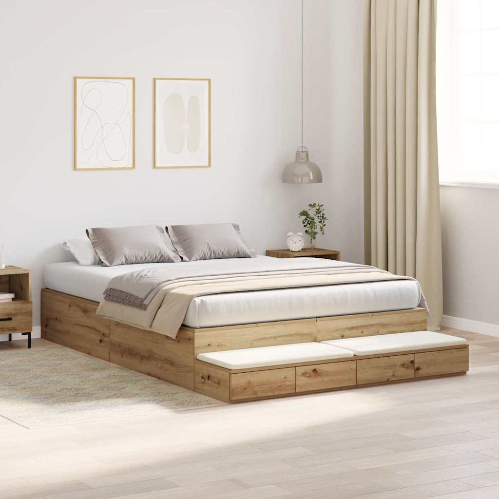 Opbergbedframe met lade Artisan Eiken 140 cm Bewerkt hout