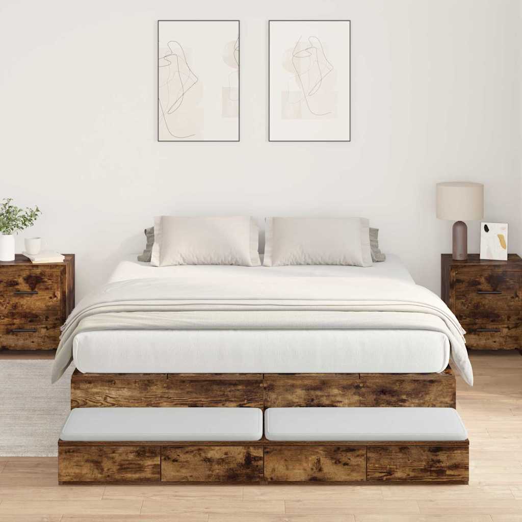 Opbergbedframe met lade Gerookt eiken 150 cm Bewerkt hout is nu te koop bij PeponiXL, paradijselijk wonen!