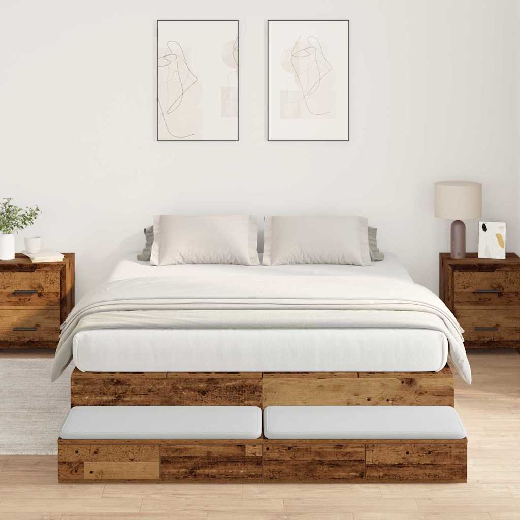 Opbergbedframe met lade met opslag Oud Hout 150 cm Bewerkt hout is nu te koop bij PeponiXL, paradijselijk wonen!