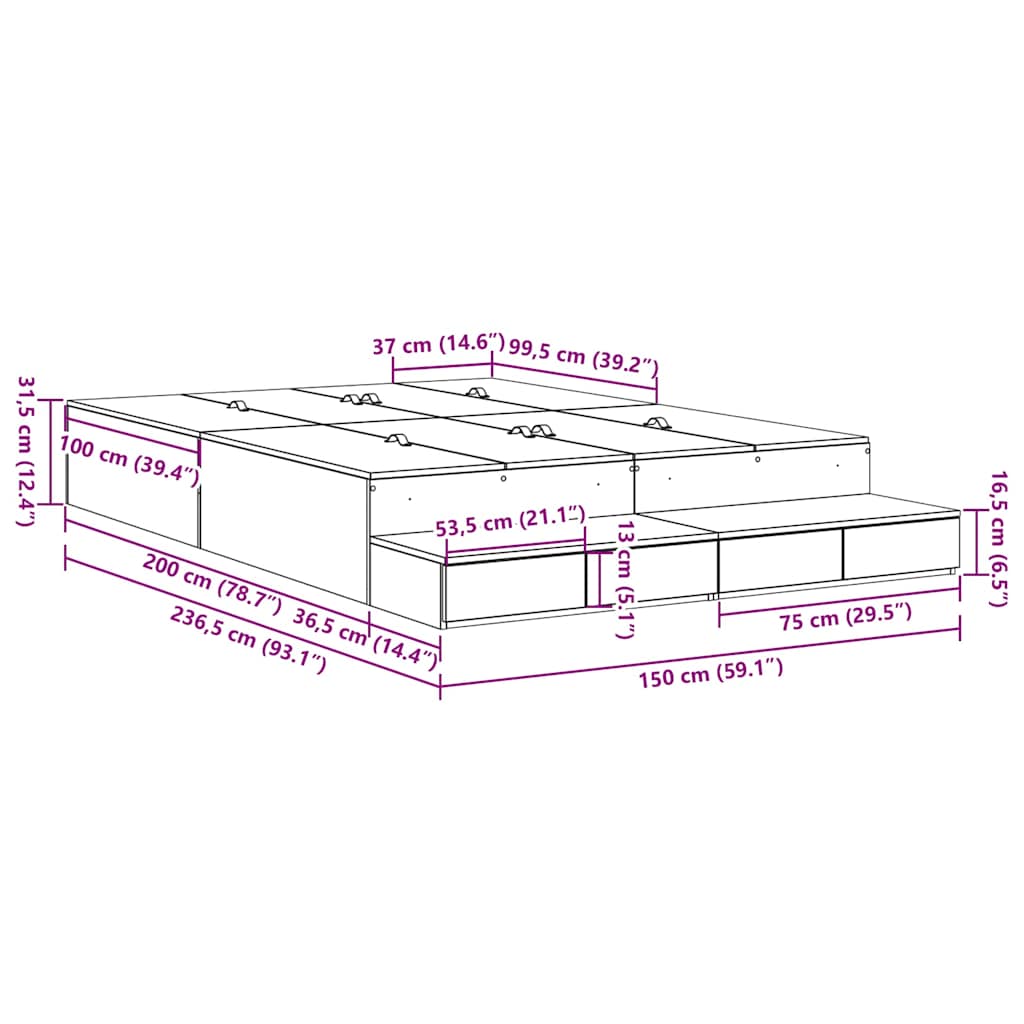 Opbergbedframe met lade met opslag Oud Hout 150 cm Bewerkt hout is nu te koop bij PeponiXL, paradijselijk wonen!
