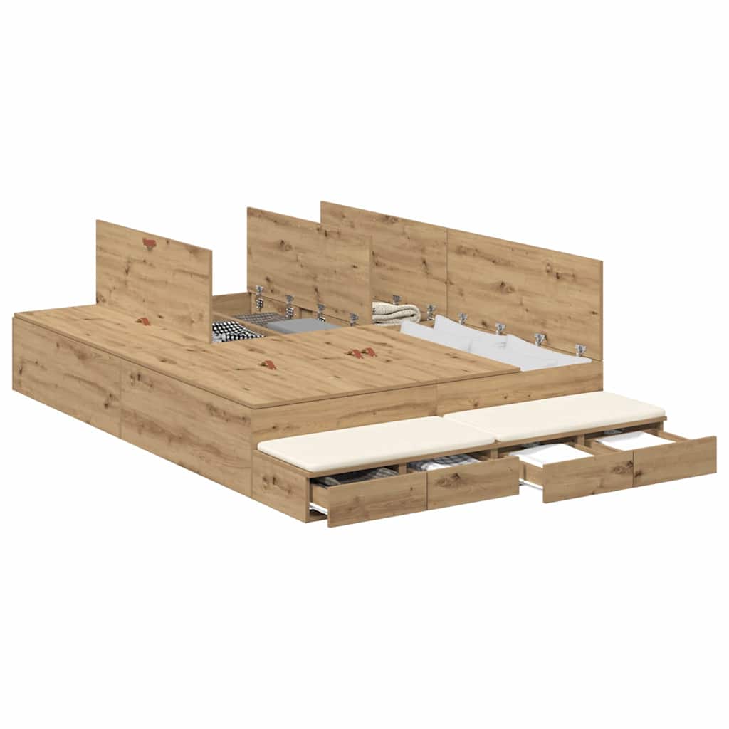 Opbergbedframe met lade Artisan Eiken 150 cm Bewerkt hout