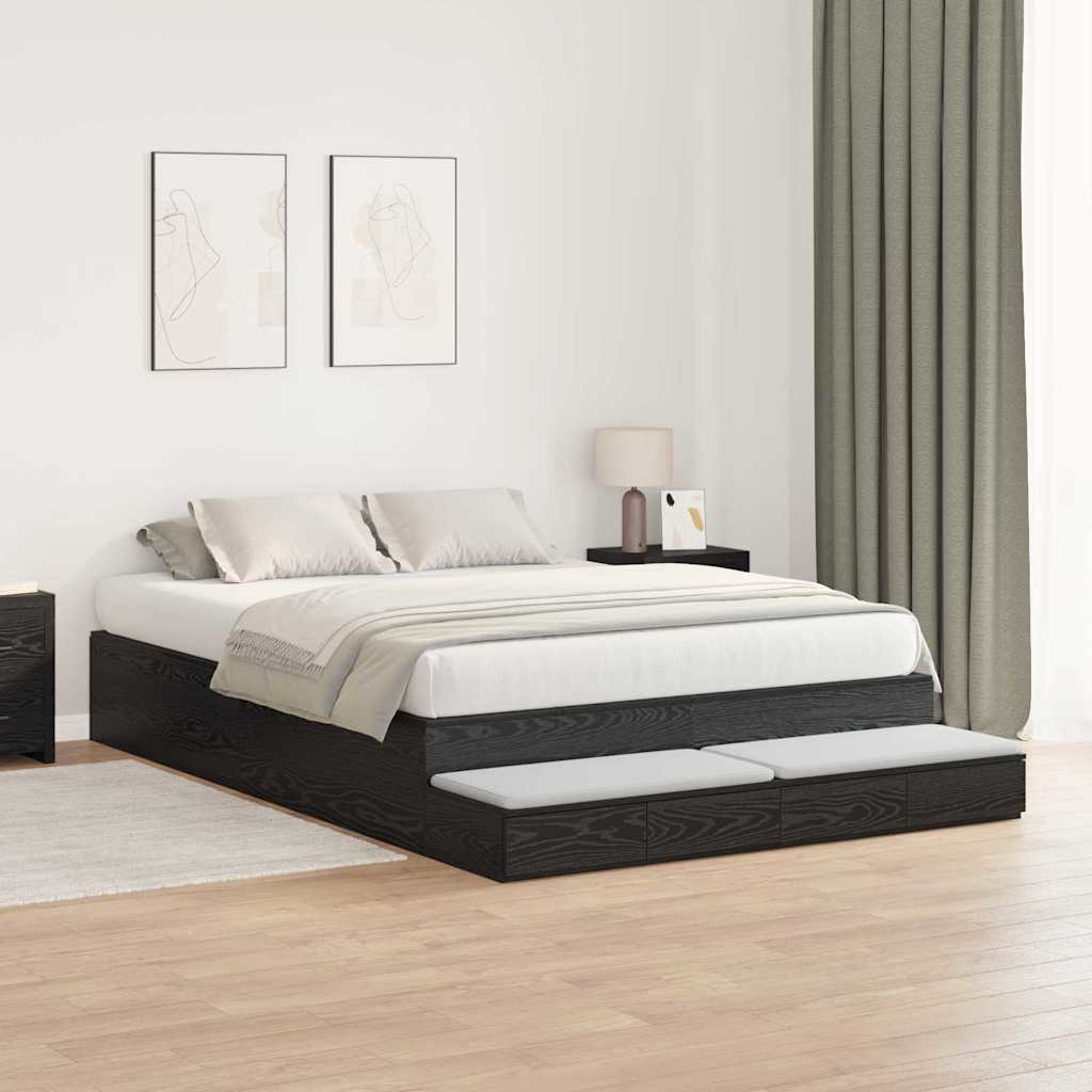 Opbergbedframe met lade Zwart Eiken 160 cm Bewerkt hout