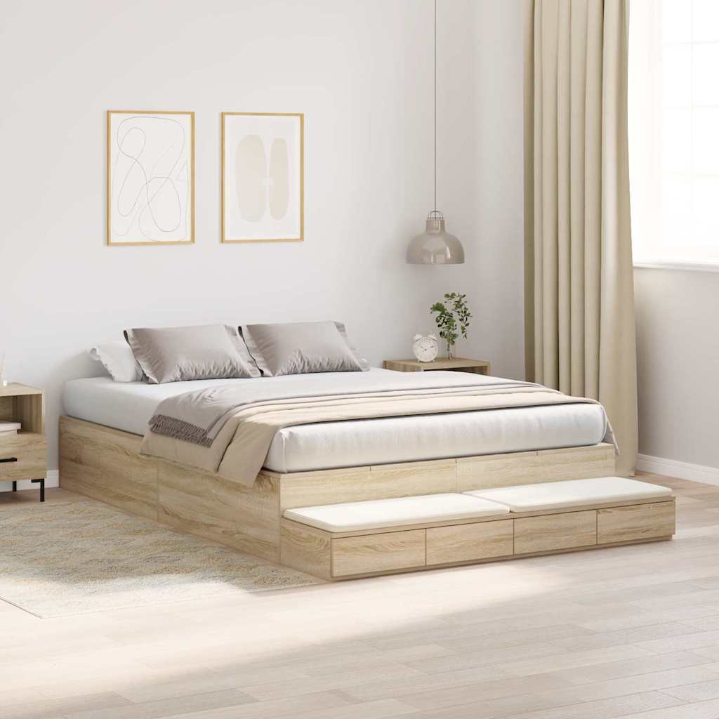 Opbergbedframe met lade Sonoma Eiken 160 cm Bewerkt hout is nu te koop bij PeponiXL, paradijselijk wonen!