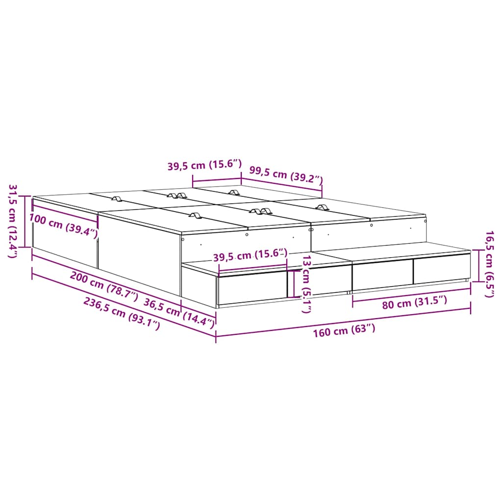 Opbergbedframe met lade met opslag Oud Hout 160 cm Bewerkt hout