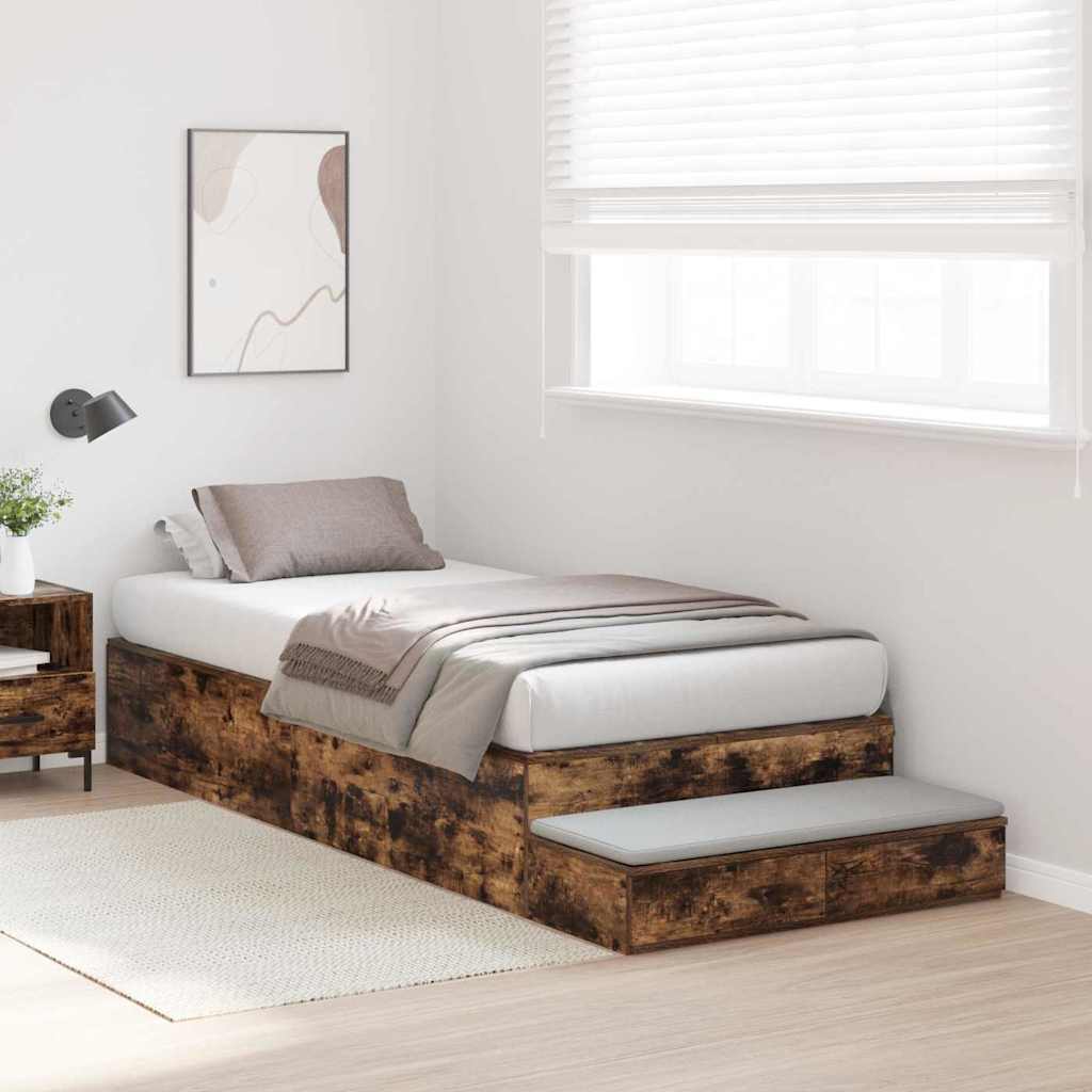 Opbergbedframe met lade Gerookt eiken 75 cm Bewerkt hout is nu te koop bij PeponiXL, paradijselijk wonen!