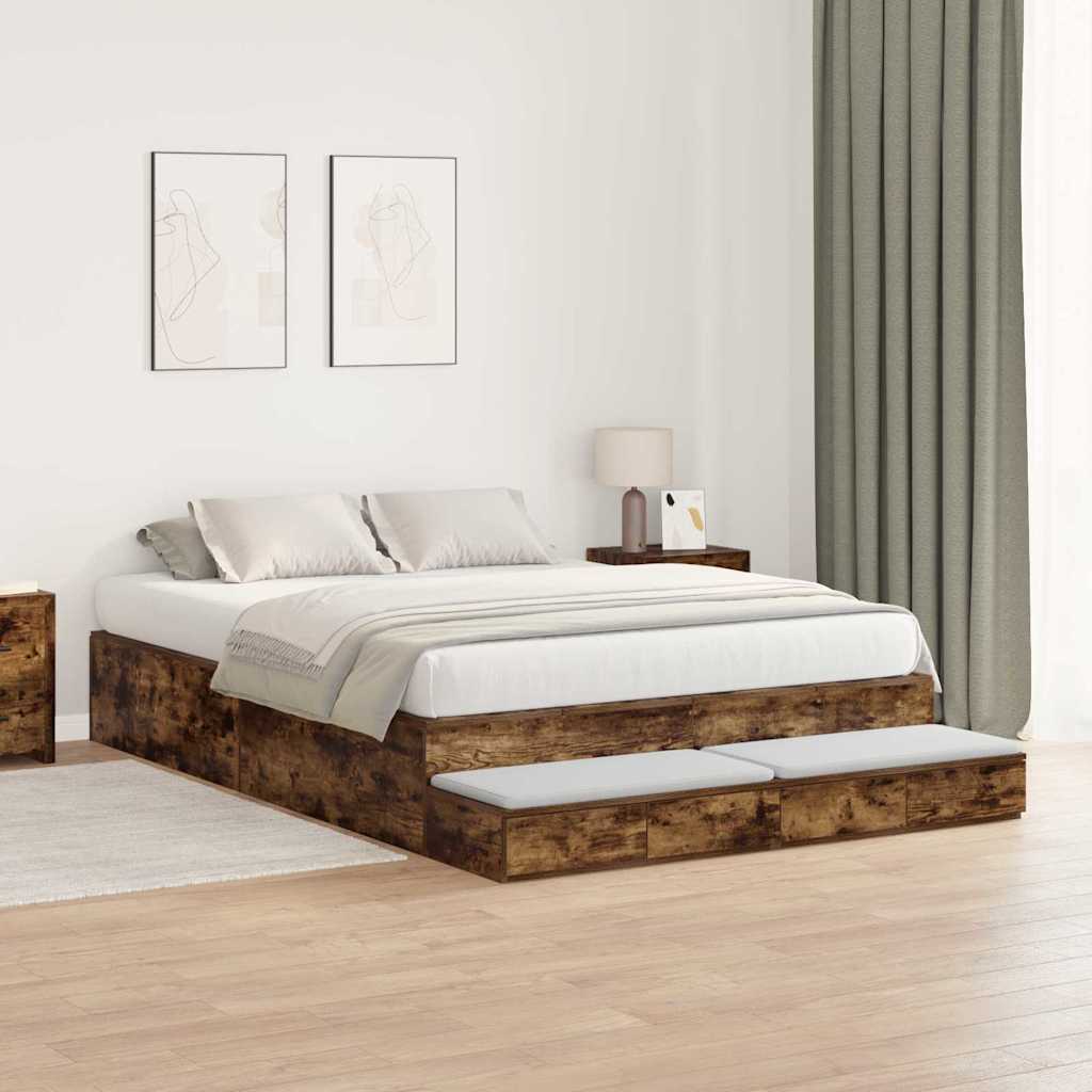 Opbergbedframe met lade Gerookt eiken 140 cm Bewerkt hout is nu te koop bij PeponiXL, paradijselijk wonen!