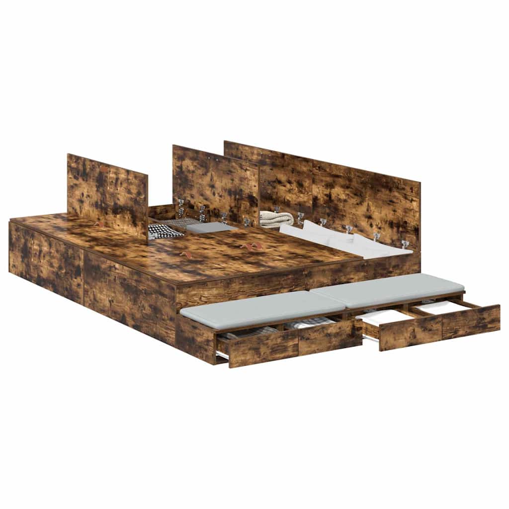 Opbergbedframe met lade Gerookt eiken 140 cm Bewerkt hout is nu te koop bij PeponiXL, paradijselijk wonen!