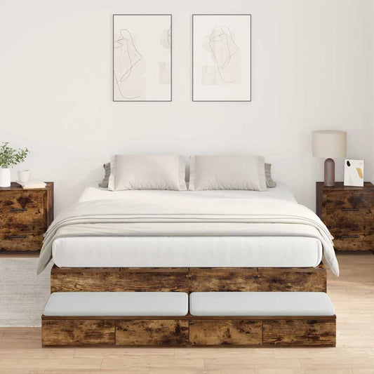 Opbergbedframe met lade Gerookt eiken 135 cm Bewerkt hout is nu te koop bij PeponiXL, paradijselijk wonen!