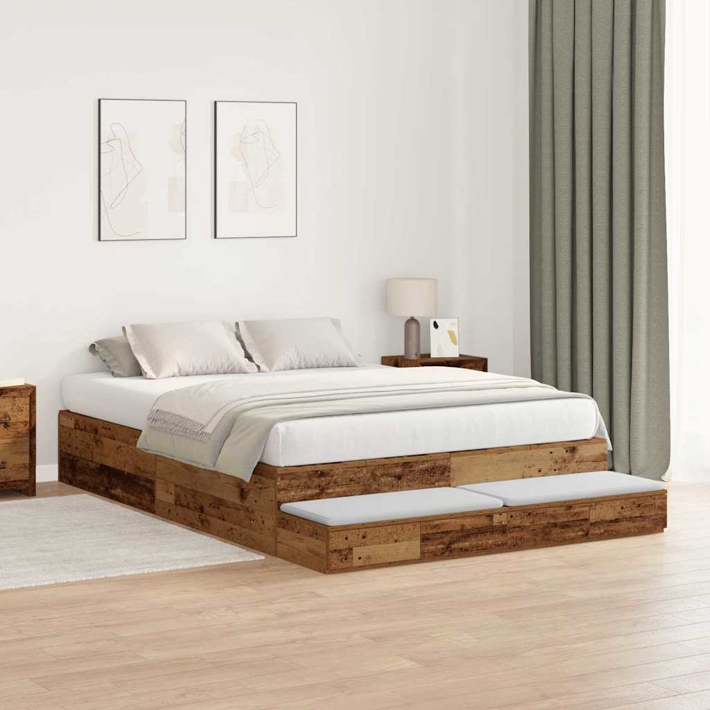 Opbergbedframe met lade met opslag Oud Hout 135 cm Bewerkt hout is nu te koop bij PeponiXL, paradijselijk wonen!