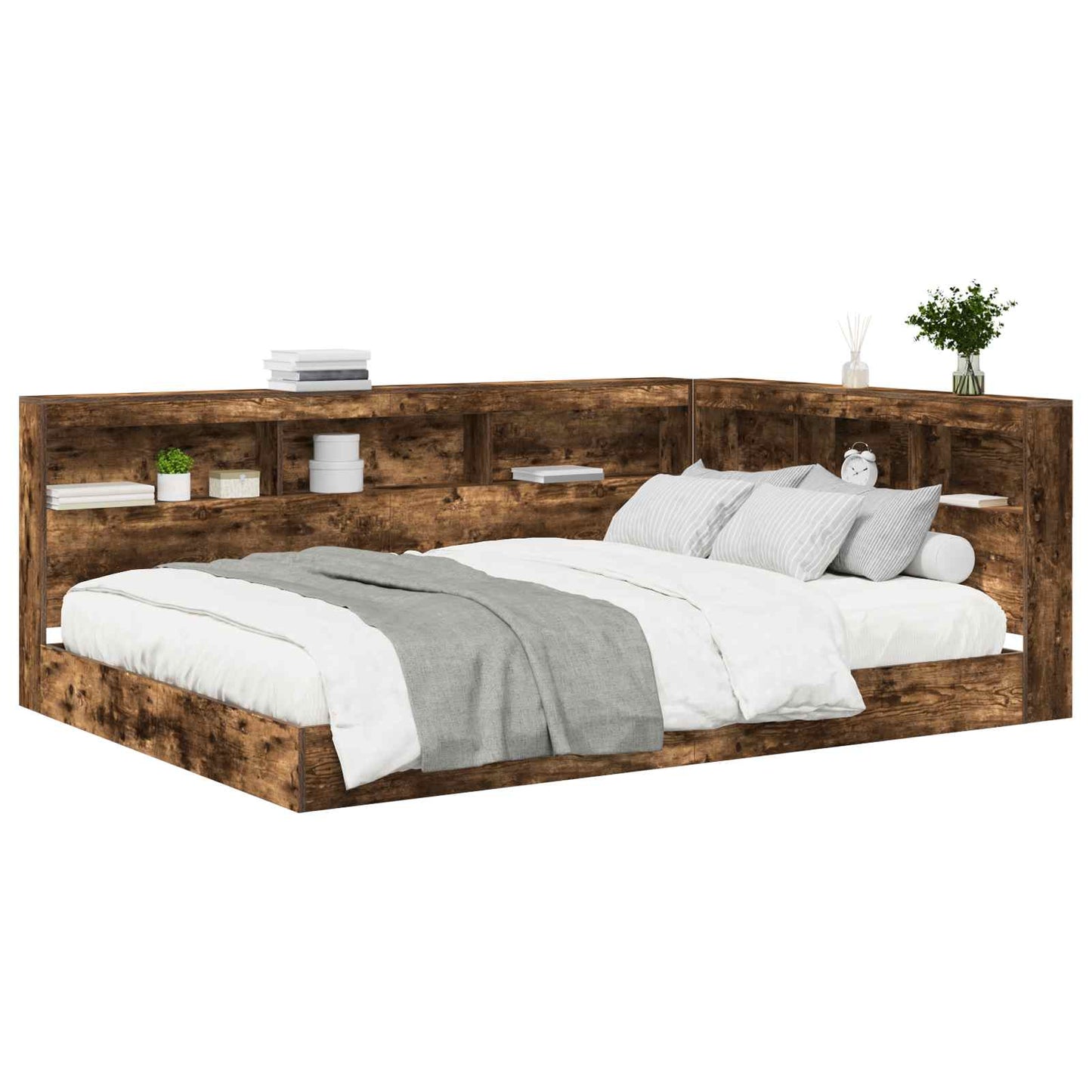 Boekenkast Bed Gerookt eiken 135 x 190 cm Bewerkt hout
