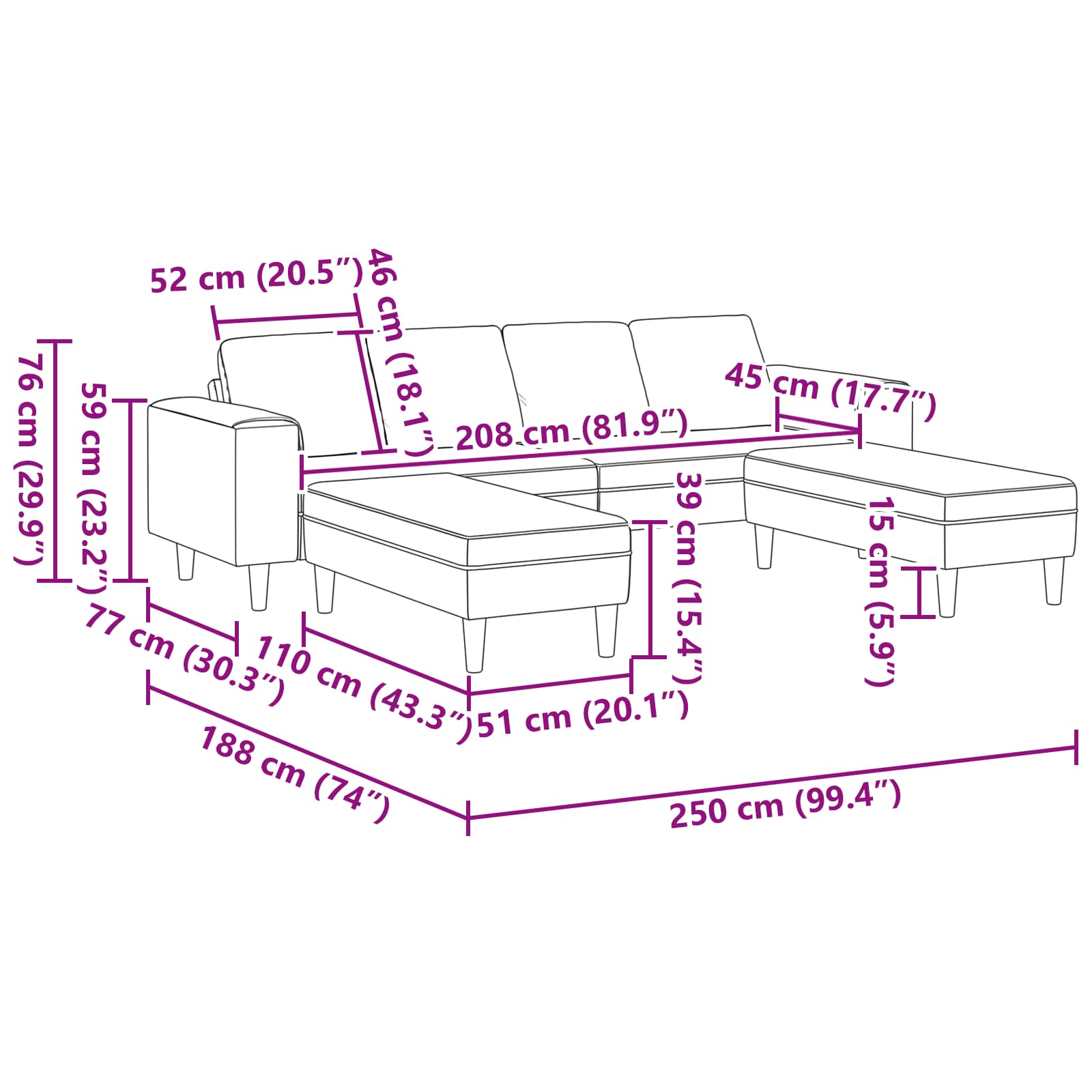 Woonkamer Bank 3 pcs Zwart 250 x 188 x 76 cm is nu te koop bij PeponiXL, paradijselijk wonen!