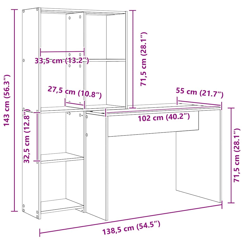 Bureau met plank Sonoma Eiken 138,5 x 55 x 143 cm Bewerkt hout is nu te koop bij PeponiXL, paradijselijk wonen!