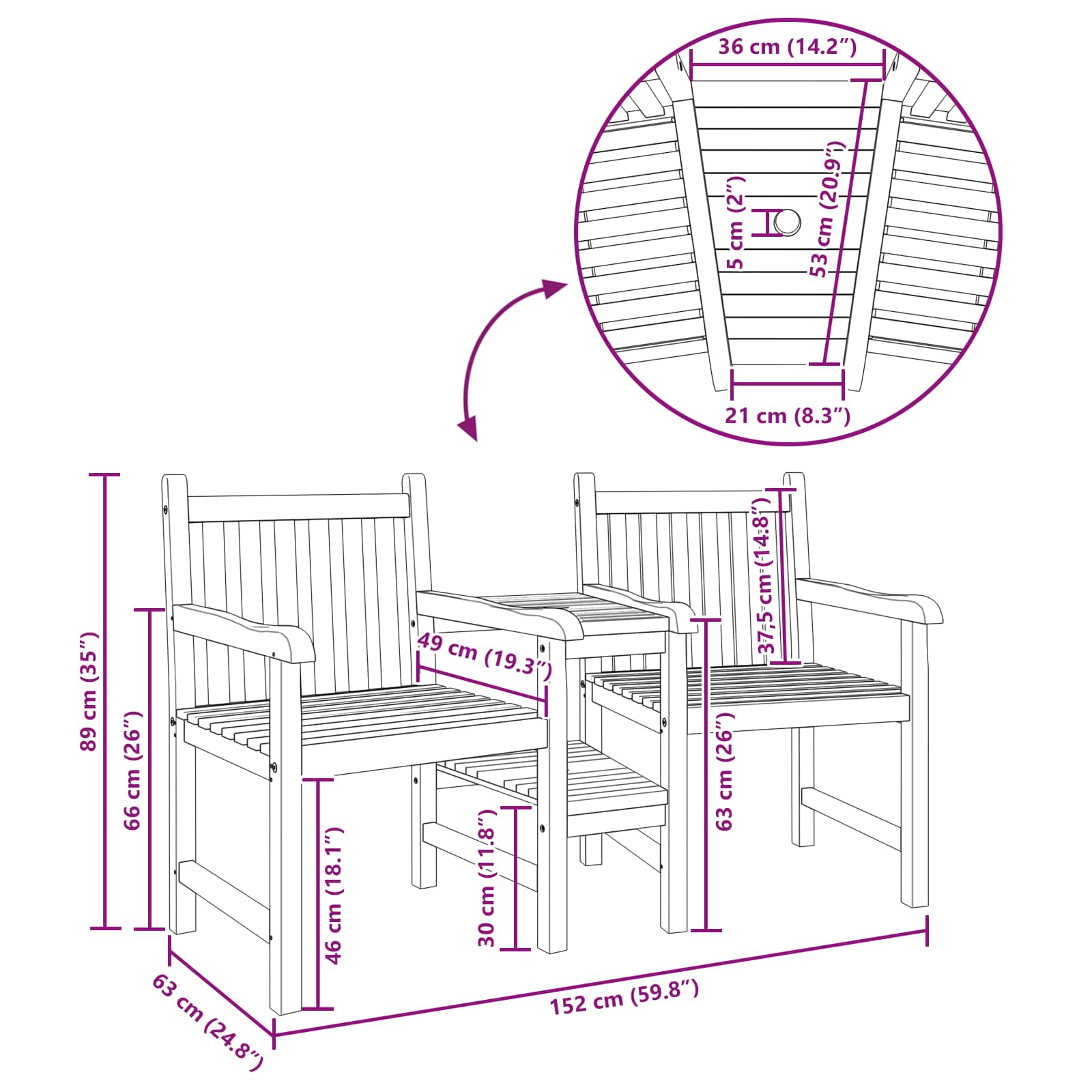 Tuinstoelen Bruin 152 x 63 x 89 cm Massief teakhout is nu te koop bij PeponiXL, paradijselijk wonen!