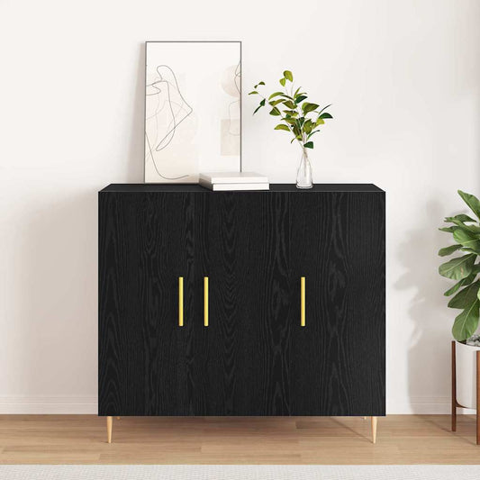 Dressoir Zwart Eiken 90 x 34 x 80 cm Bewerkt hout is nu te koop bij PeponiXL, paradijselijk wonen!