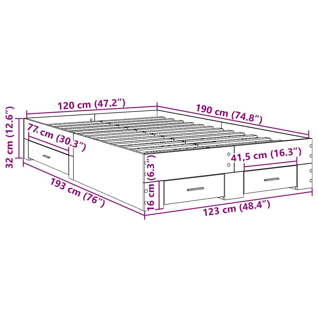 Bedframe met lade met opslag Bruin 120 x 190 cm Bewerkt hout is nu te koop bij PeponiXL, paradijselijk wonen!