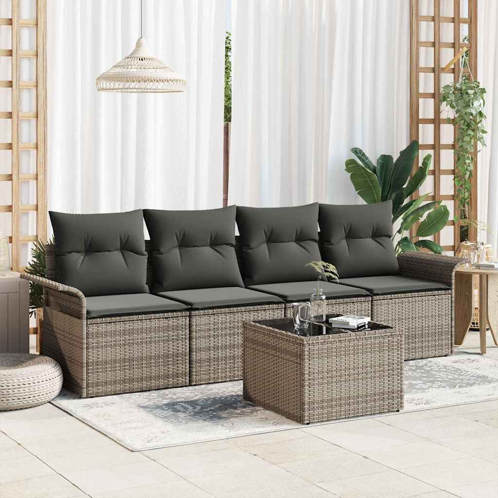 Bankstel met kussen 5 pcs Grijs poly rattan is nu te koop bij PeponiXL, paradijselijk wonen!
