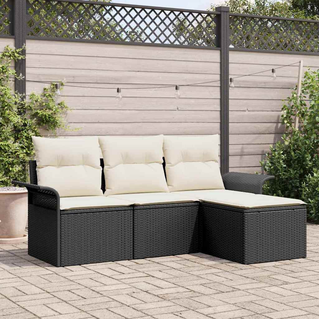 Bankstel met kussen 4 pcs Zwart en Crème poly rattan is nu te koop bij PeponiXL, paradijselijk wonen!