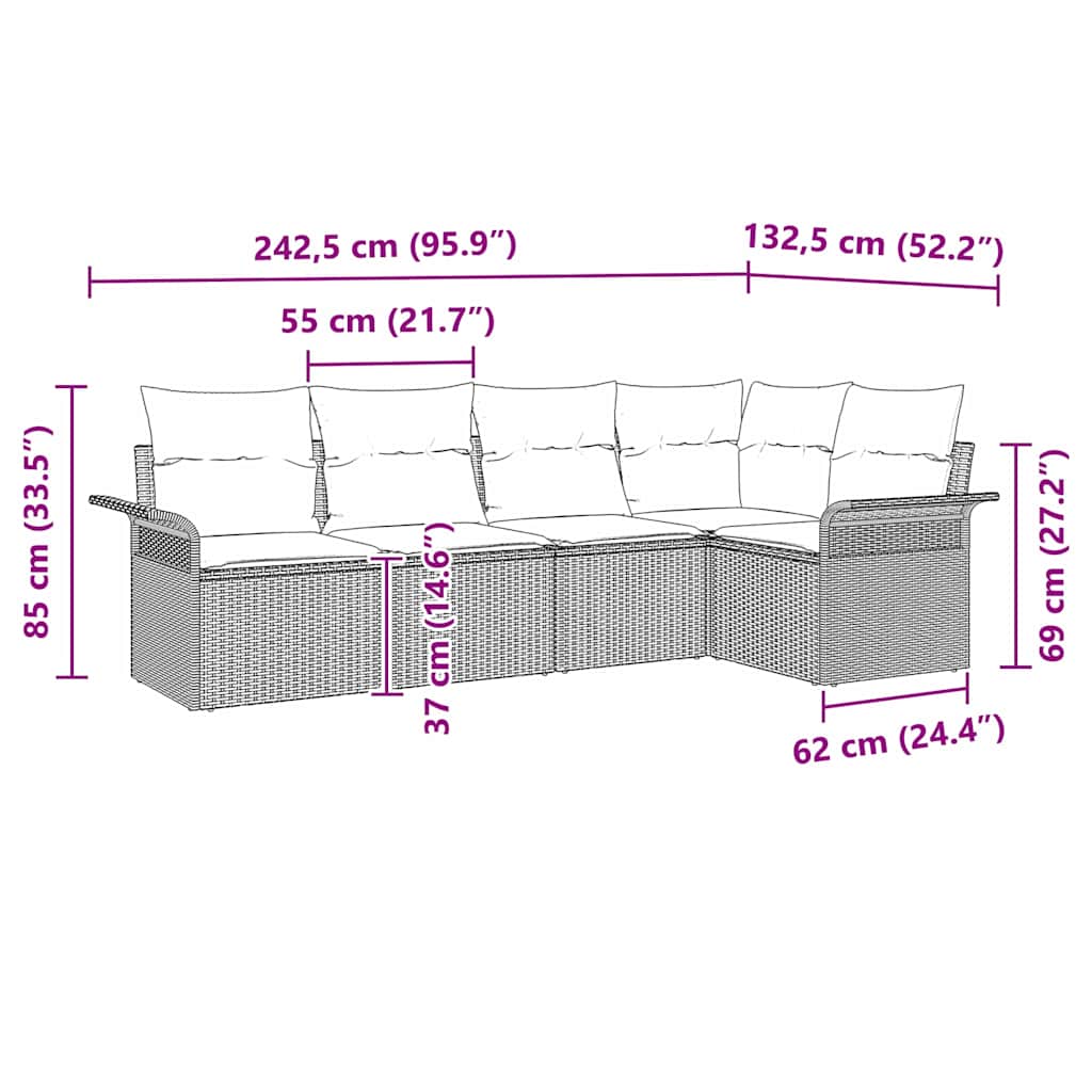 Tuin Sofa Set met kussen 5 pcs Grijs poly rattan is nu te koop bij PeponiXL, paradijselijk wonen!