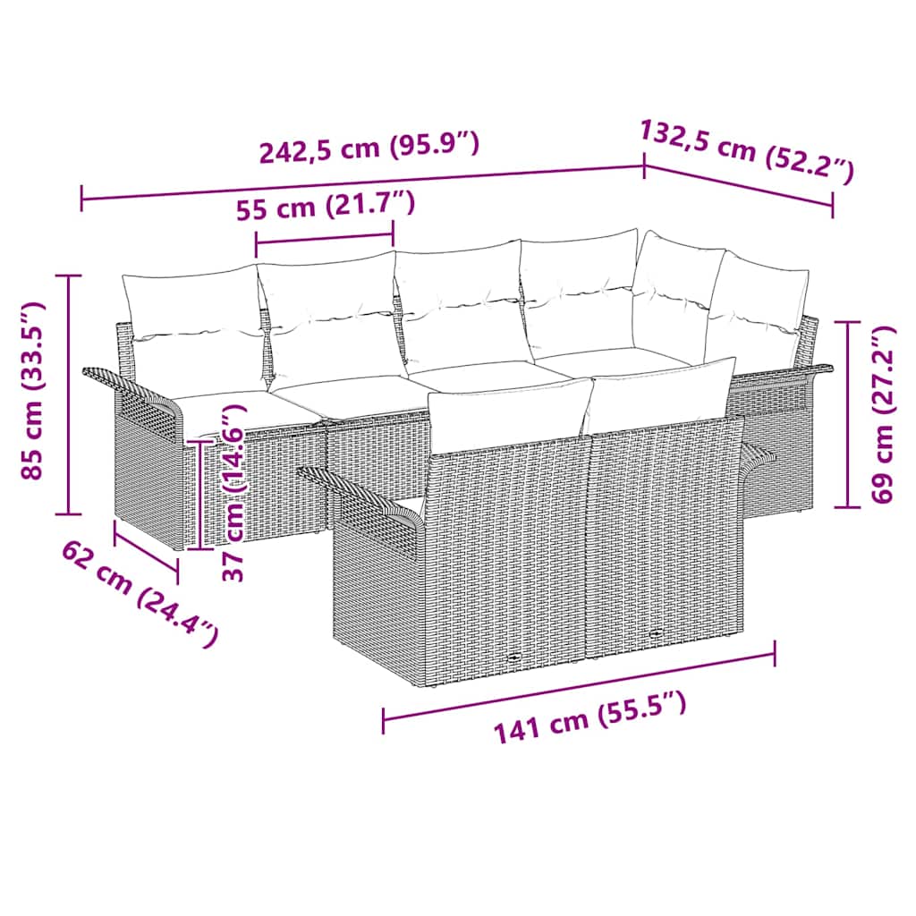 Tuin Sofa Set met kussen 7 pcs Lichtgrijs poly rattan is nu te koop bij PeponiXL, paradijselijk wonen!