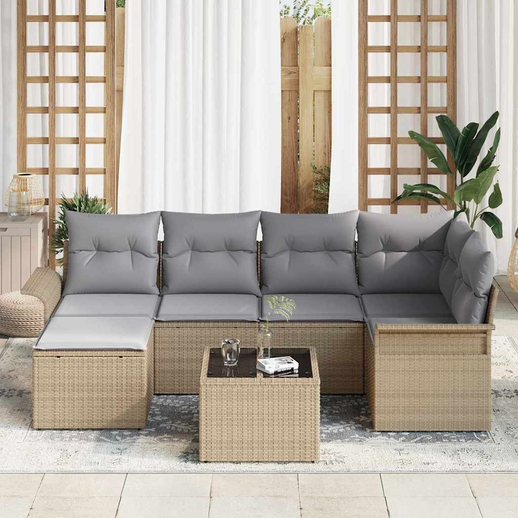 Tuin Sofa Set met kussen 7 pcs Beige Poly riet is nu te koop bij PeponiXL, paradijselijk wonen!