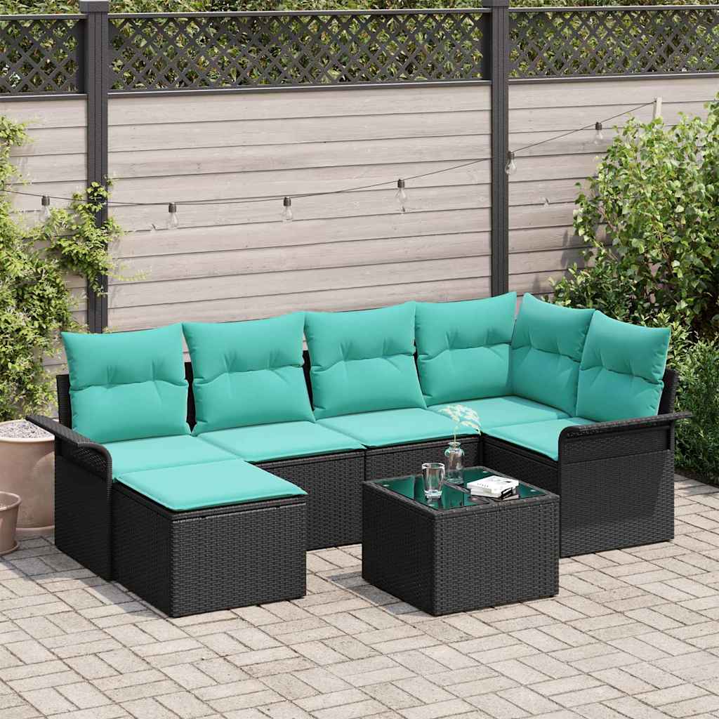 Tuin Sofa Set met kussen 7 pcs Zwart Poly riet is nu te koop bij PeponiXL, paradijselijk wonen!