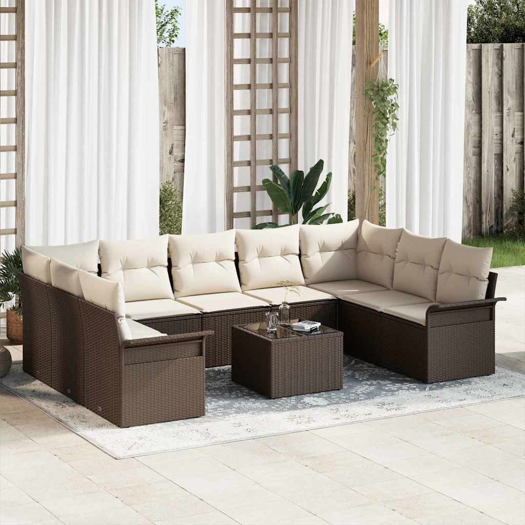 Tuinbankenset met kussen 10 pcs Bruin poly rattan is nu te koop bij PeponiXL, paradijselijk wonen!
