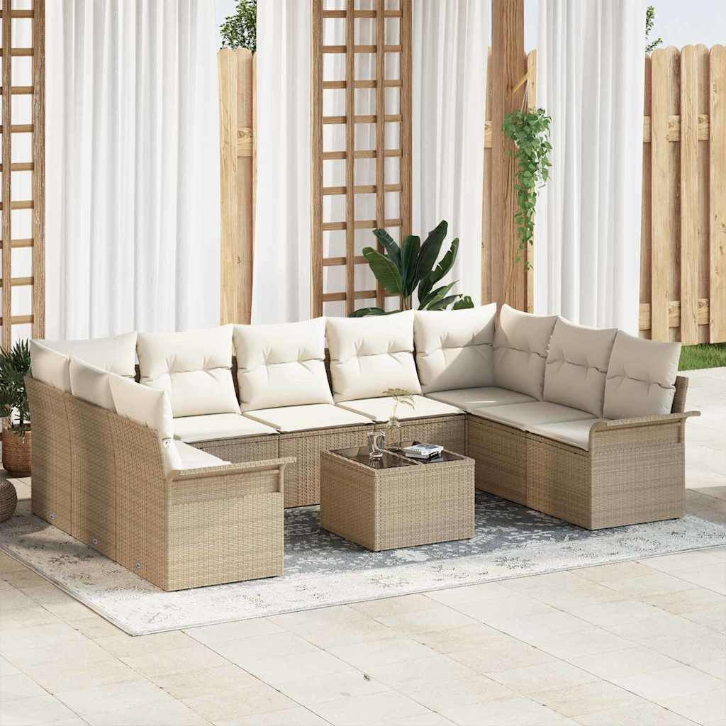 Tuinbankenset met kussen 10 pcs Beige poly rattan