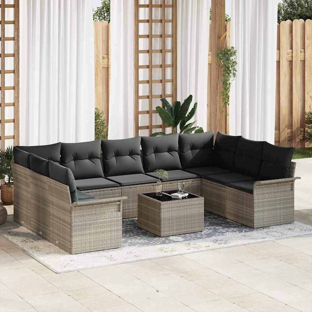 Tuinbankenset met kussen 10 pcs Lichtgrijs poly rattan is nu te koop bij PeponiXL, paradijselijk wonen!