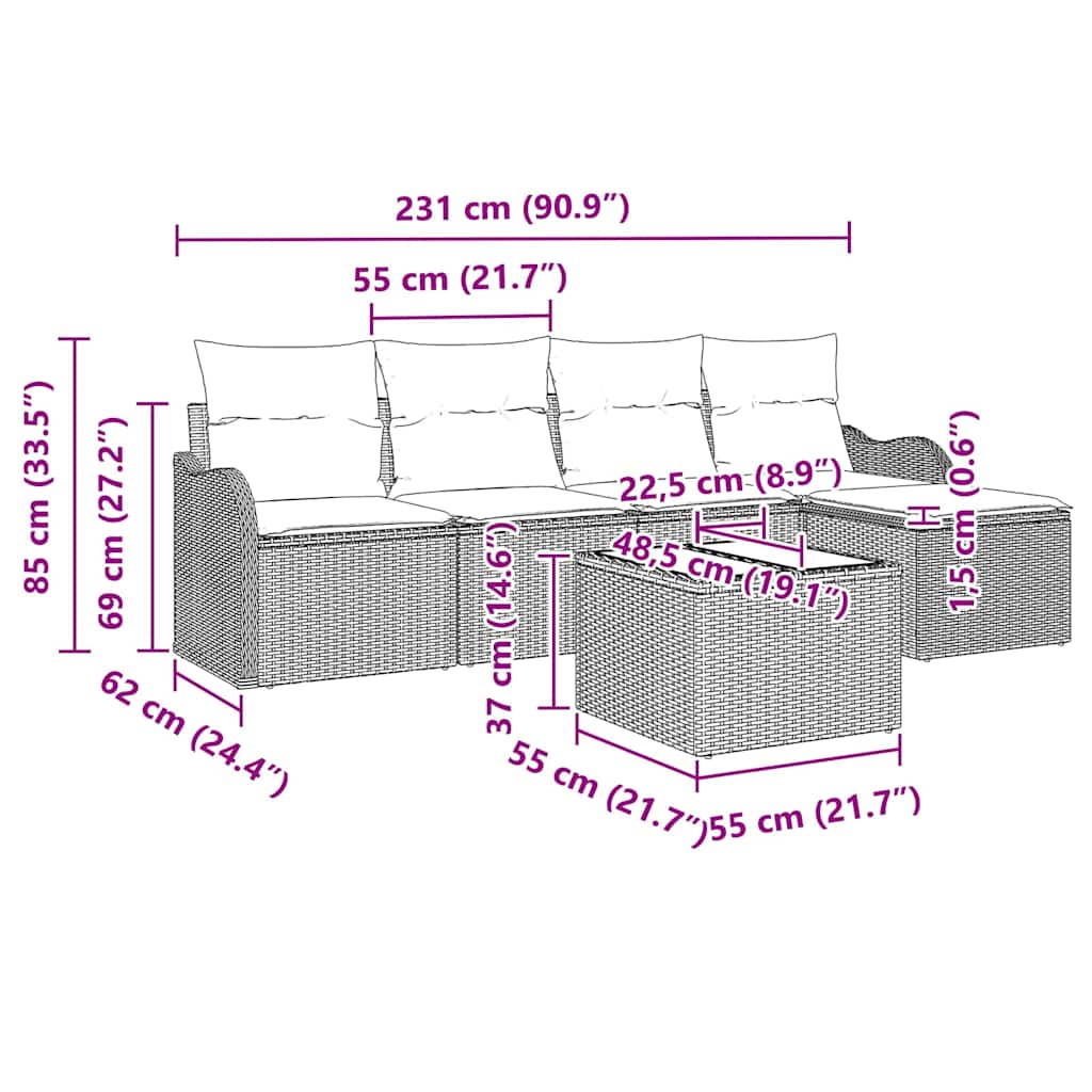 Tuin Sofa Set 6 pcs Lichtgrijs poly rattan is nu te koop bij PeponiXL, paradijselijk wonen!