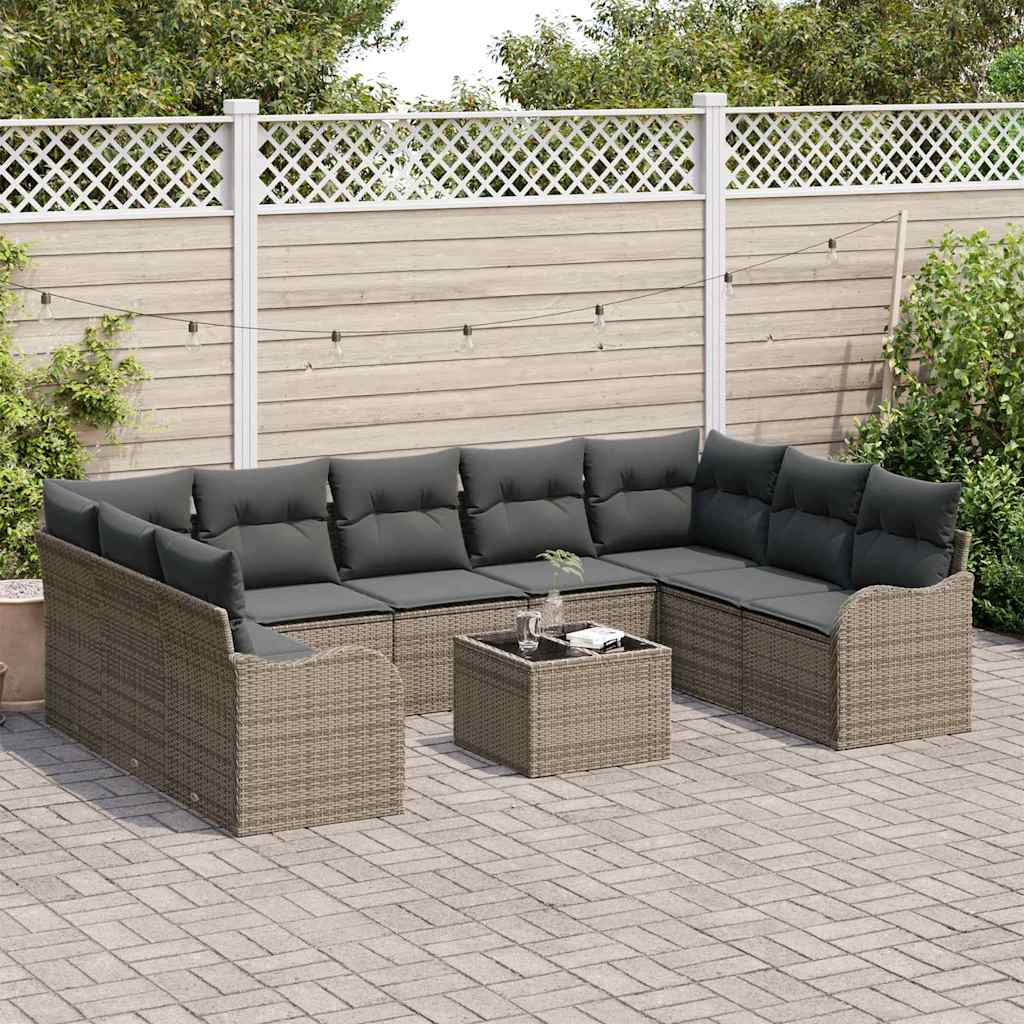 Tuin Sofa Set met kussen 10 pcs Grijs Poly riet is nu te koop bij PeponiXL, paradijselijk wonen!