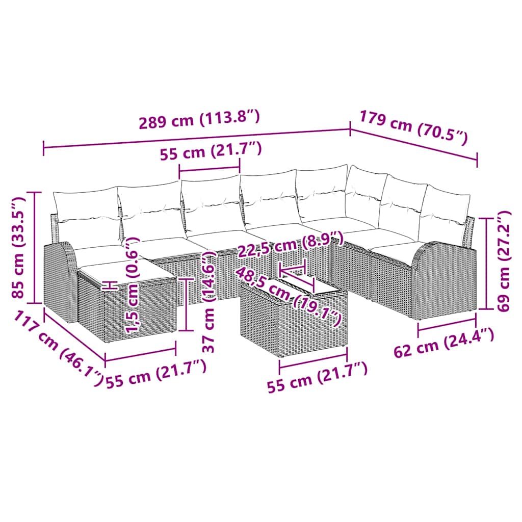 Tuin Sofa Set met kussen 9 pcs Grijs Poly riet is nu te koop bij PeponiXL, paradijselijk wonen!