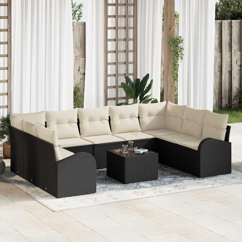 Bankstel met kussen 10 pcs Zwart Poly Rattan is nu te koop bij PeponiXL, paradijselijk wonen!