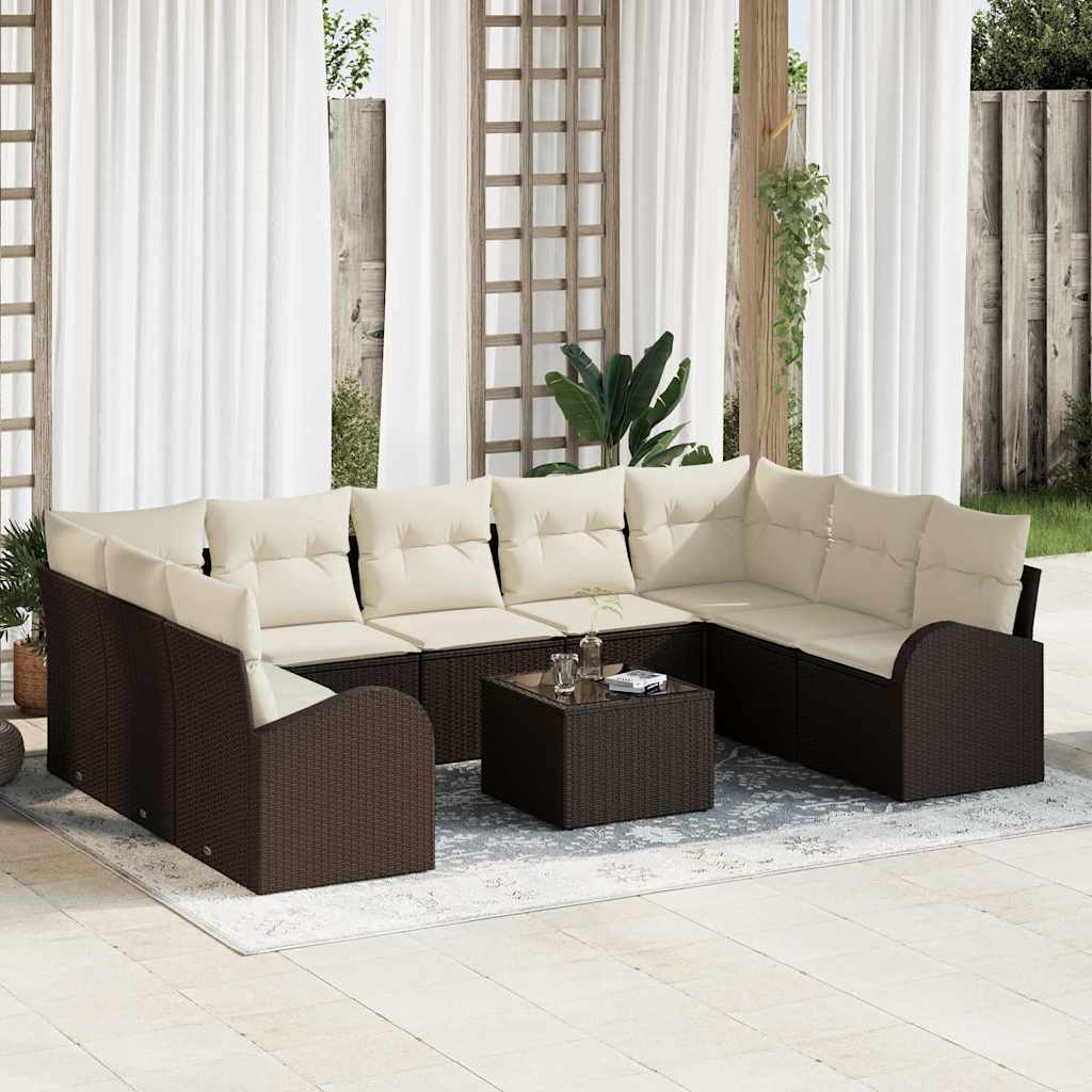 Bankstel met kussen 10 pcs Bruin Poly Rattan is nu te koop bij PeponiXL, paradijselijk wonen!