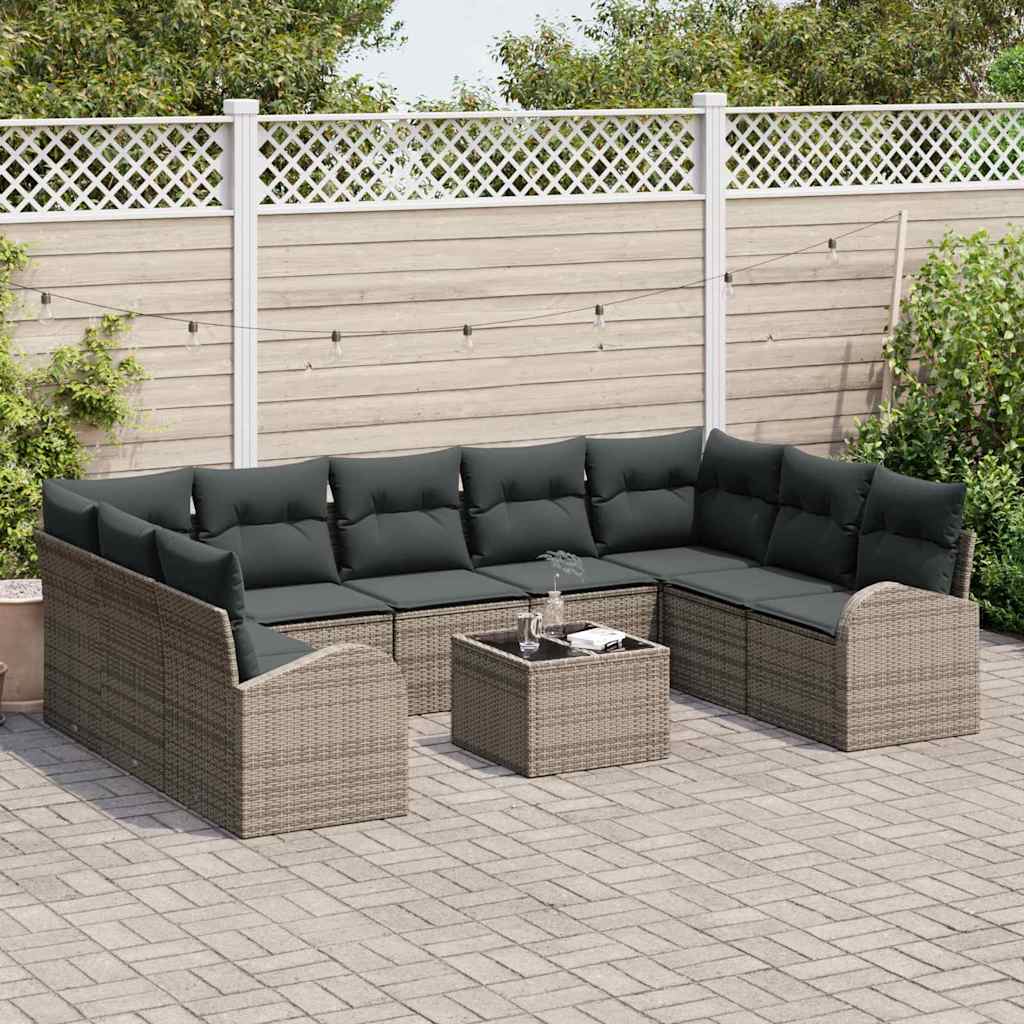 Bankstel met kussen 10 pcs Grijs Poly Rattan is nu te koop bij PeponiXL, paradijselijk wonen!